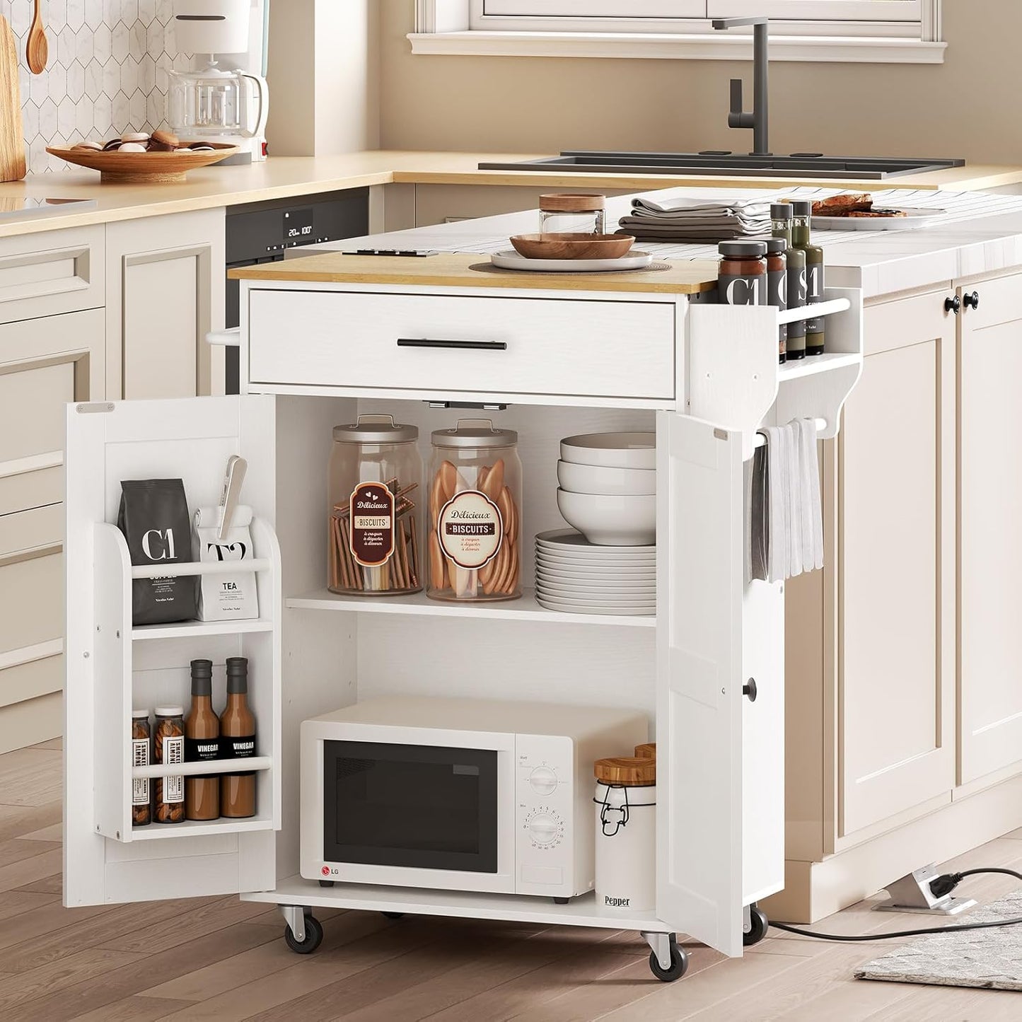 HOOBRO Kitchen Island with Power Outlet, Kitchen Storage Island with Large Worktop, Spice Rack and Drawer, Rolling Island on Wheels, for Dining Room, White and Natural