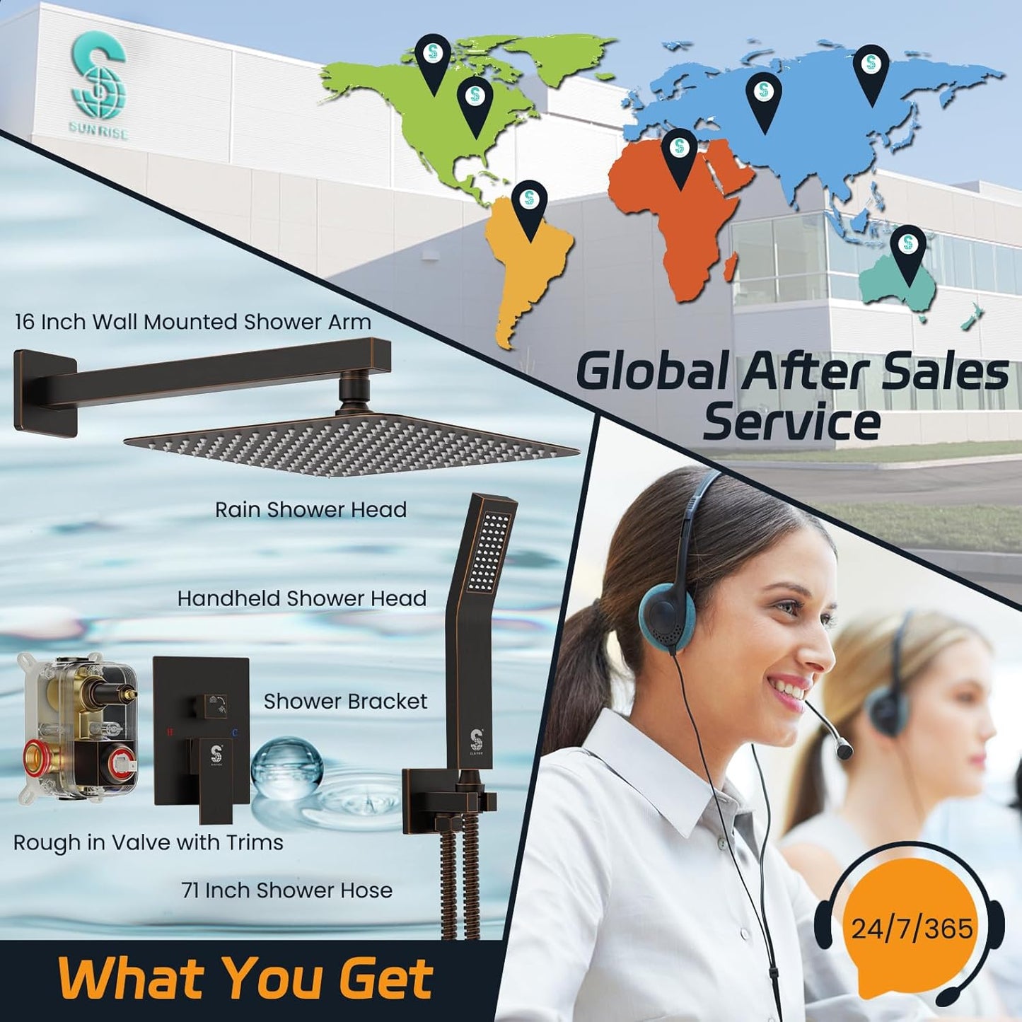 SR SUN RISE ORB Square Rainfall Shower Head and Handle Set, Wall Mounted Shower Fixtures, Metal Shower Faucet Trim Repair Kits (With Shower Valve) 10 Inches