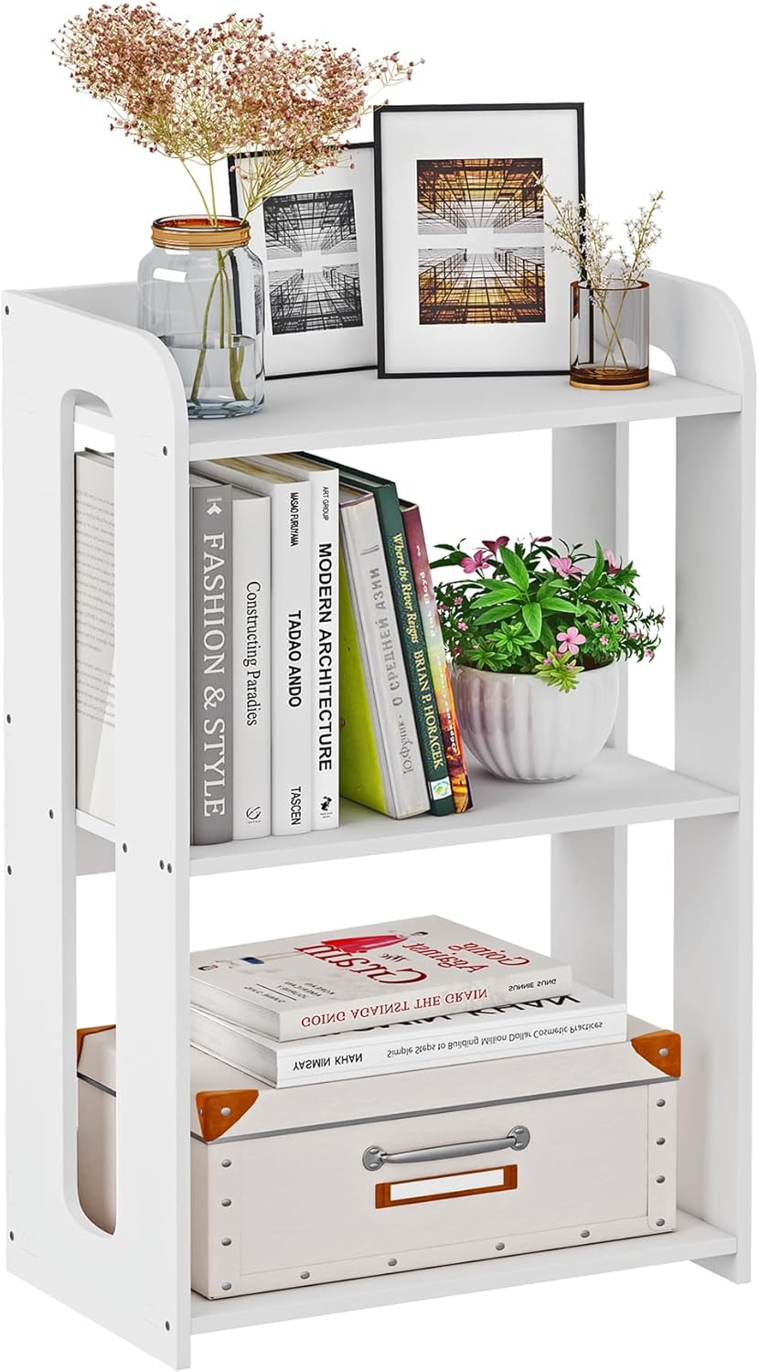 3 Tier End Table Nightstand White, Small Bookshelf with Open Shelf, Narrow Side Table Bedside Table for Bedroom, Living Room, Office, Bathroom