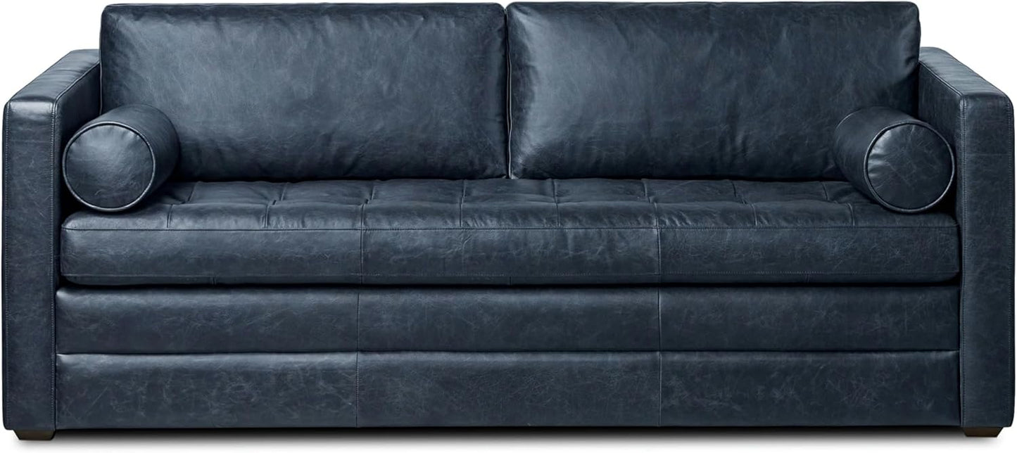 POLY & BARK Napa 82" Leather Pull-Out Convertible Sleeper Sofa in Midnight Blue
