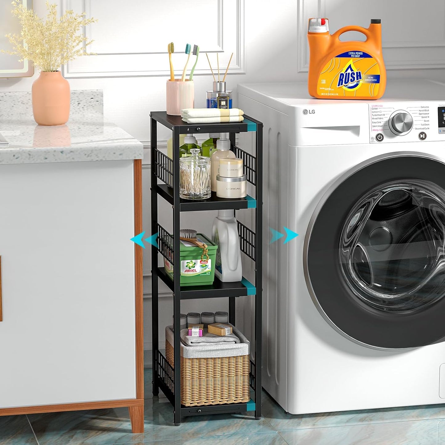 Expandable Slim Storage Shelf, 4 Tier Metal Shelving Unit for Bathroom Storage Organizer, Freestanding Narrow Shelf for Small Spaces, Open Floor Shelves for Bathroom, Laundry Room, Kitchen