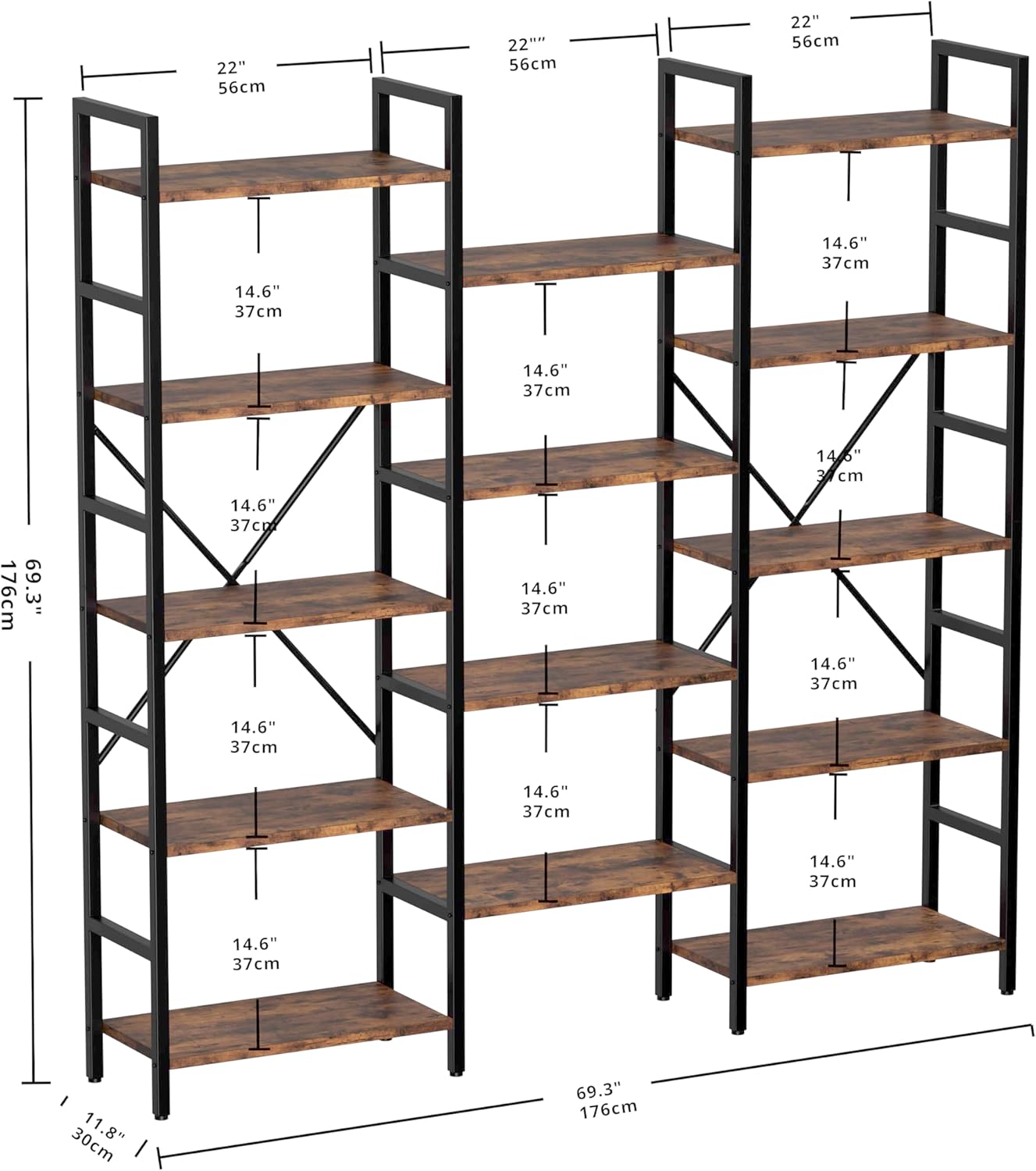 IRONCK Bookcases and Bookshelves Triple Wide 5 Tiers Industrial Bookshelf, Large Etagere Bookshelf Open Display Shelves with Metal Frame for Living Room Bedroom Home Office