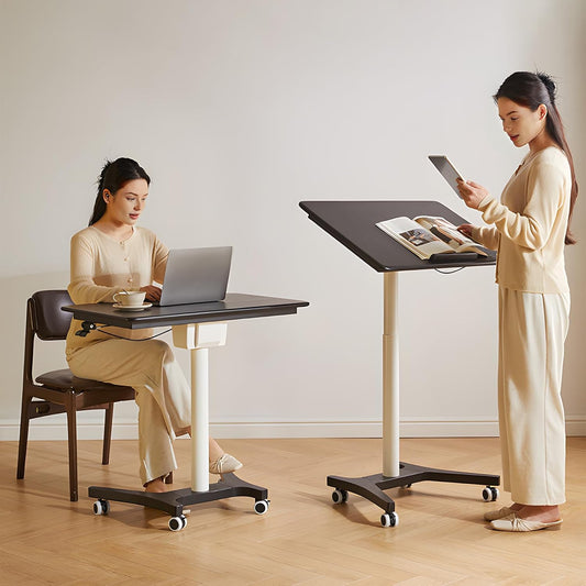 Adjustable Computer Desk, Solid Wood Folding Desk with Wheels, Mobile Home Office Laptop Table, Sit Stand Workstation, Rolling Desk, 28.35-42.52 H x 31.5 W x 19.69 D Inches, Walnut