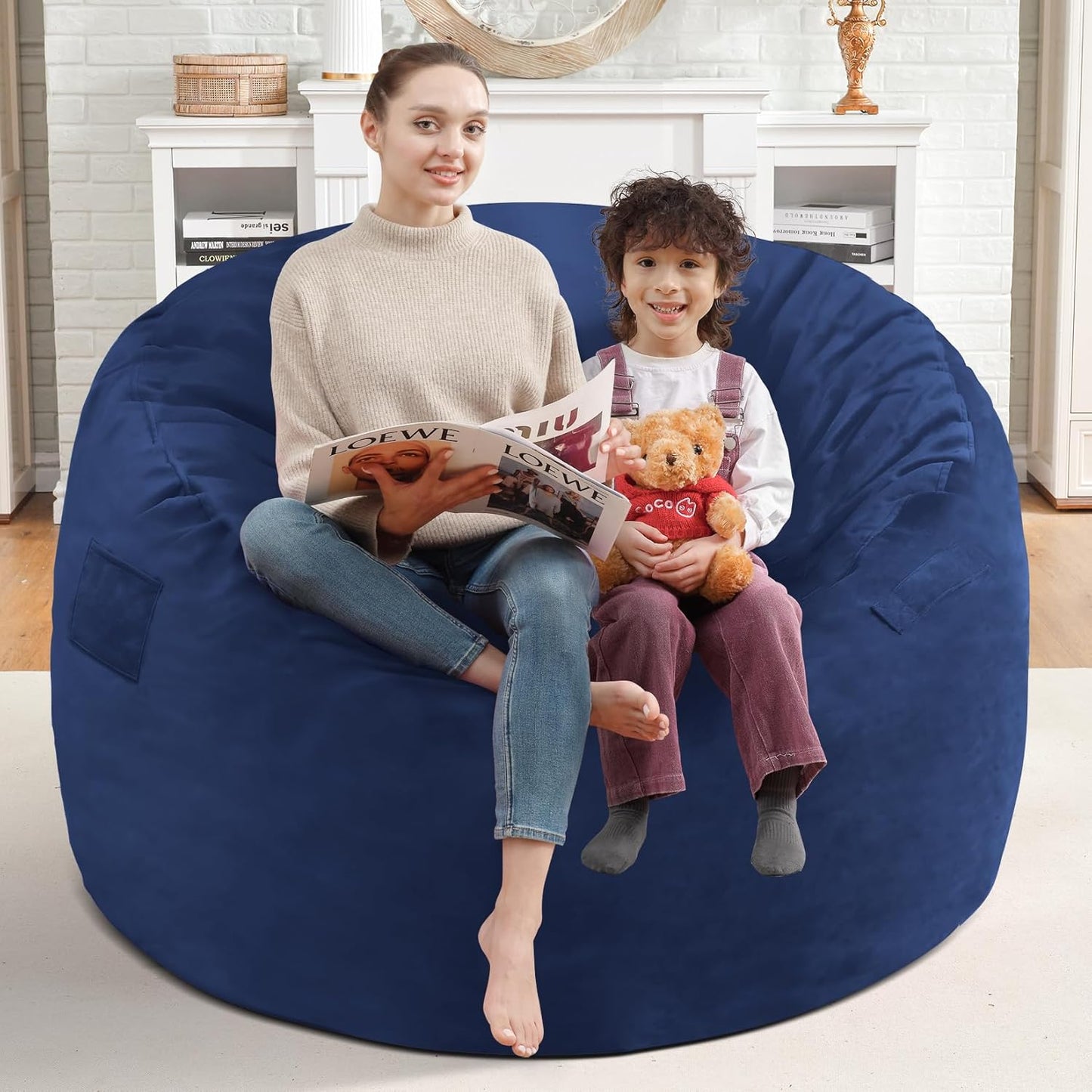 3FT Bean Bag Chair, Comfy Bean Bag Chairs with Memory Foam Filled, Fluffy Beanbag Sofa with Dutch Velvet Cover, Round BeanBag Chairs for Living Room, Playroom - Blue