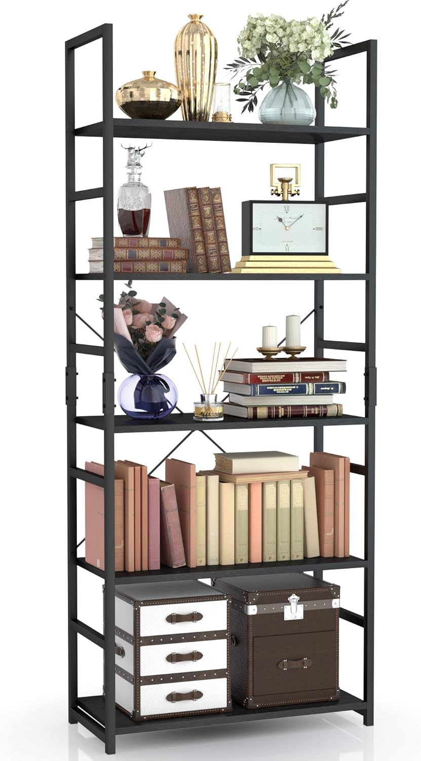 NUMENN 5 Tier Bookshelf, Tall Bookcase Shelf Storage Organizer, Modern Book Shelf for Bedroom, Living Room and Home Office, Black