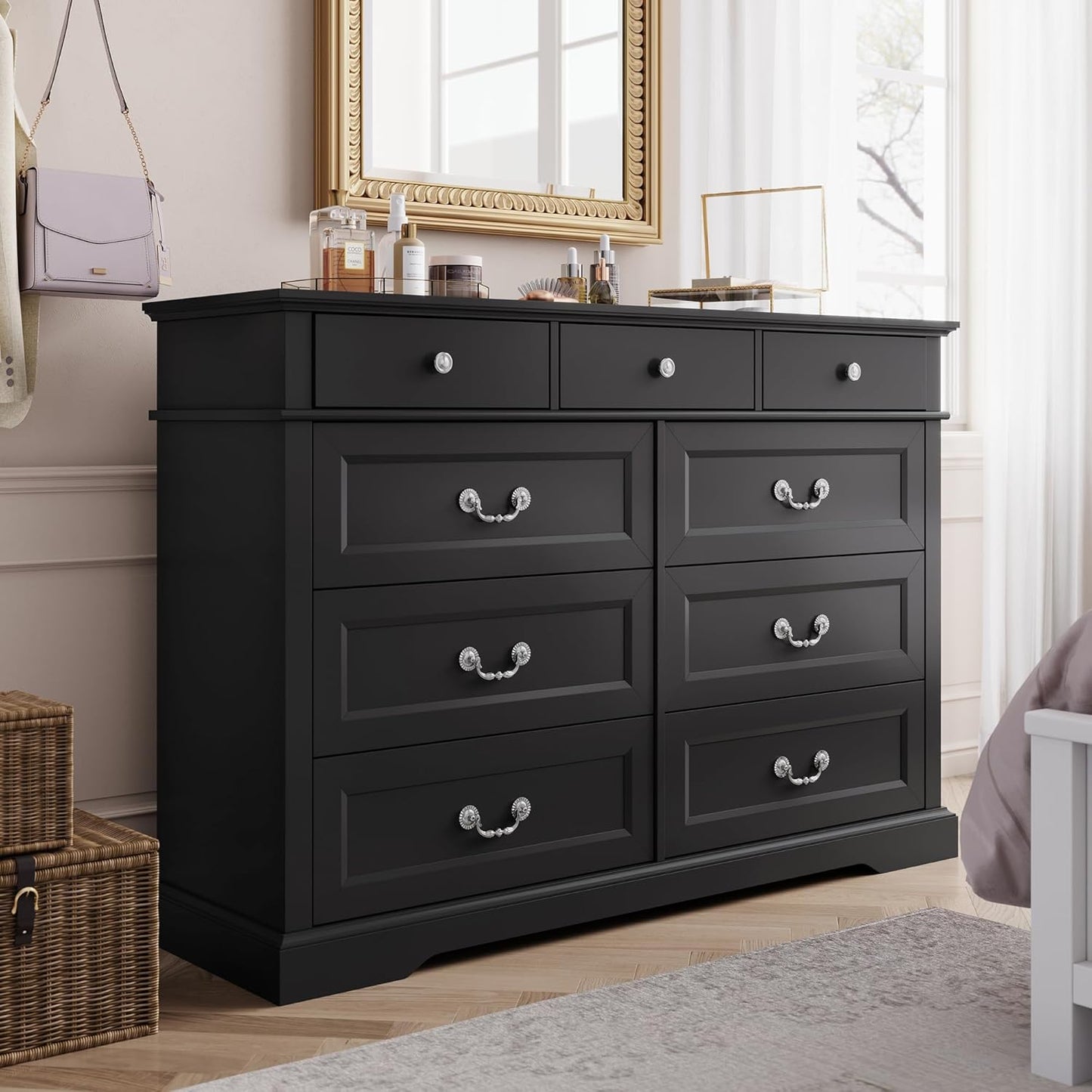 LINSY HOME 9 Drawers Dresser for Bedroom, 54" Wide Wooden Storage Chest with Antique Handles, Modern Farmhouse Large Dresser TV Stand, Chest of Drawers for Closet, Living Room, Hallway, Black