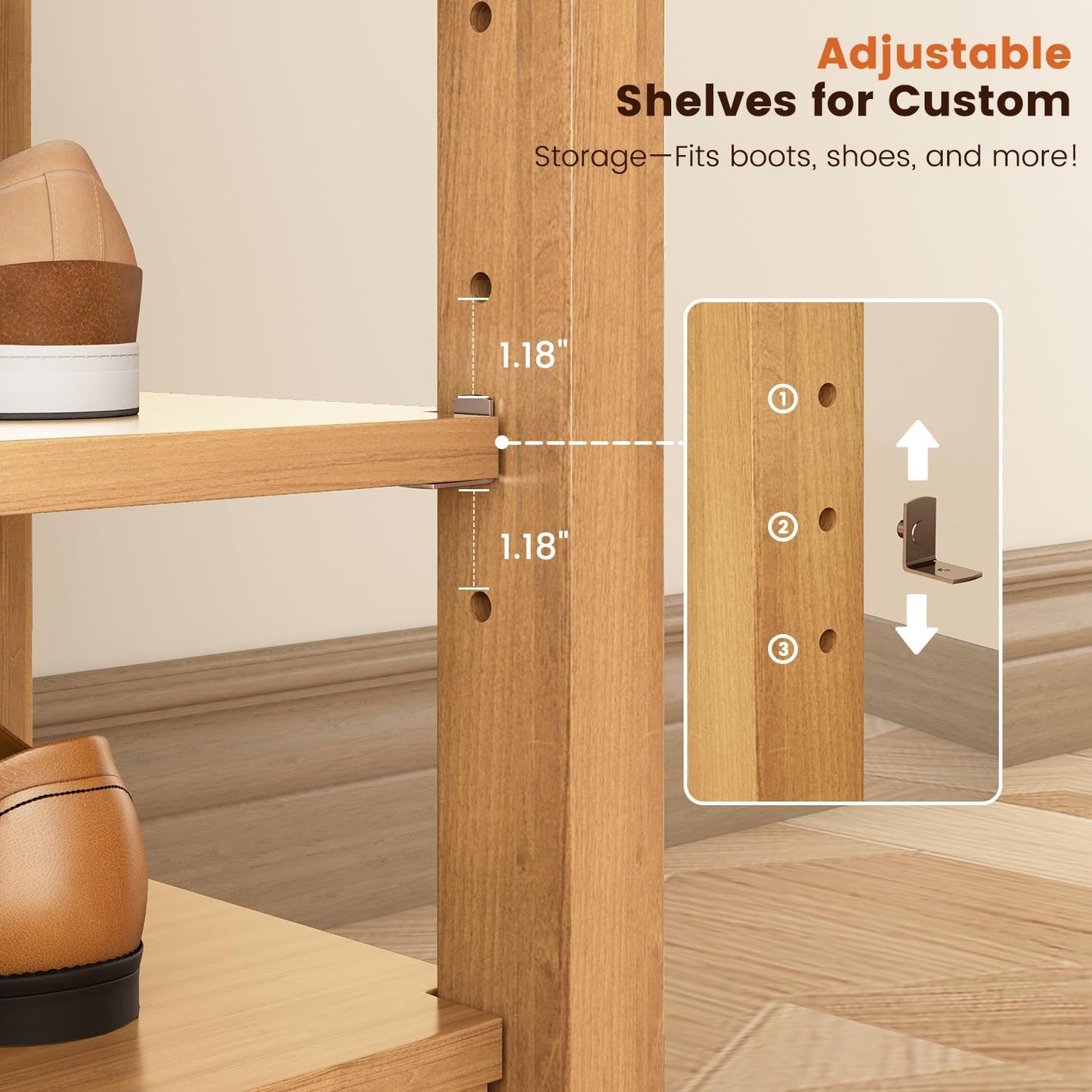 Shoe Rack Bench Seat Rubberwood 3-Tier Wooden Storage Bench 550lbs Compact Mid-Century Modern Design for Entryway, Hallway, Closet, Front Door Entrance, Foyer