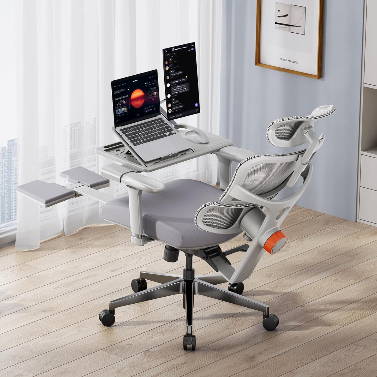 Newtral Office Chair Ergonomic - Home Office Desk Chair, Big and Tall Office Chair, Auto-Following Lumbar Support, 4D Armrest, Adjustable Seat Depth and Heigt (with Footrest + Laptop Tray, Gray)