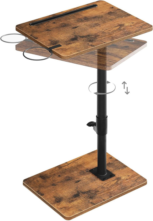 HOOBRO TV Tray Table, 360° Swivel Side Table Sofa Armrest Tray for Couch, Height Adjustable C Shaped End Table, Snack Desk with Cup Holder, for Small Spaces, Rustic Brown and Black BF234BZ01