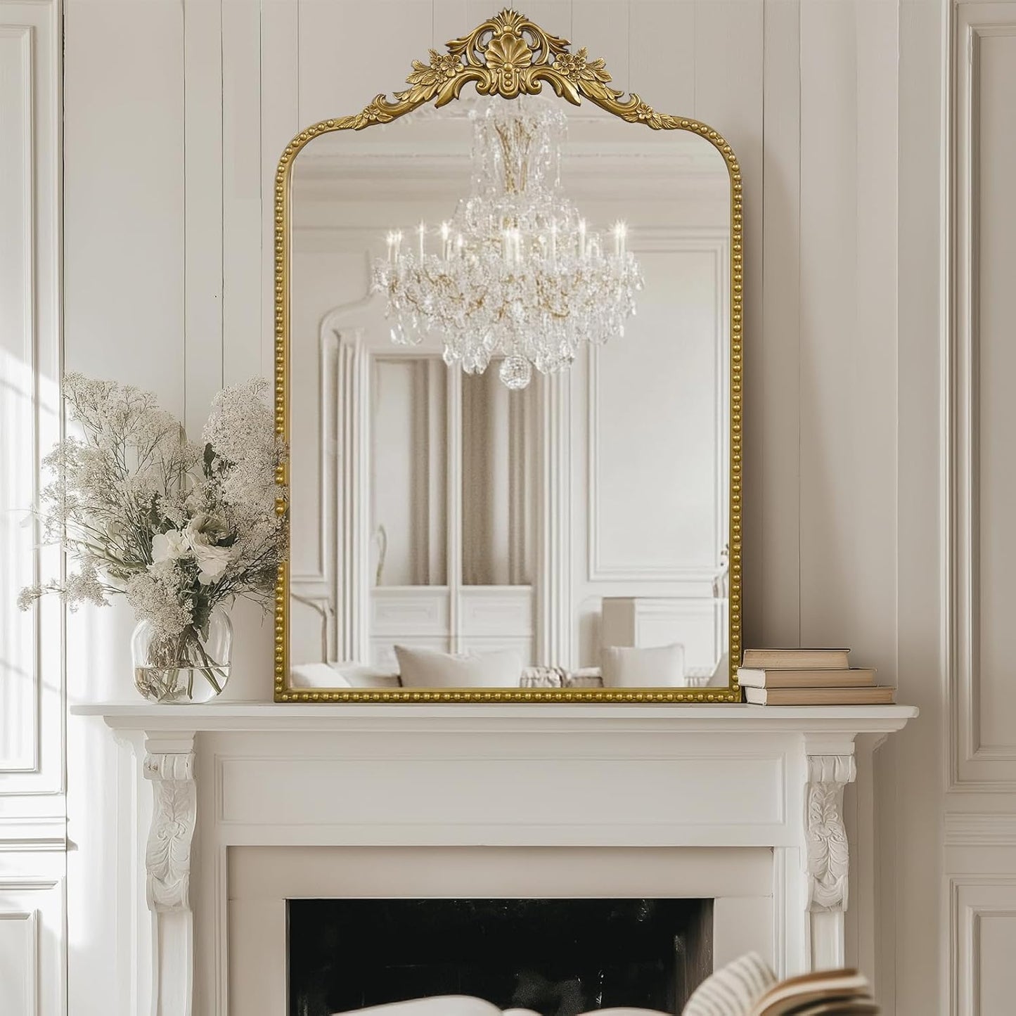 G-LEAF Vintage Baroque Mirror 24"X36",Arched Mantel Victorian Antique Farmhouse Mirror with Gold Ornate Metal Frame for Fireplace Entryway Living Room Hallway Bathroom