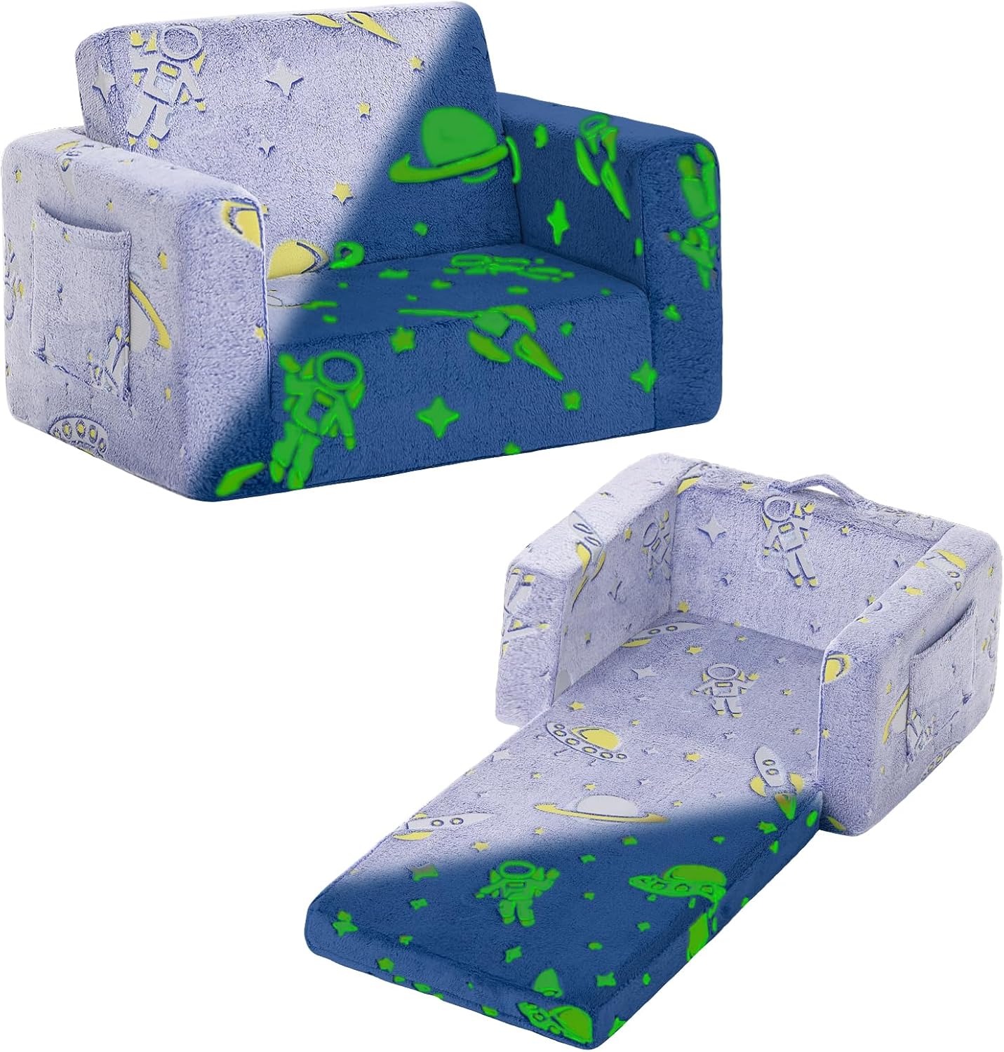 Tiita Kids Sofa, 2-in-1 Toddler Chair, Convertible Children Couch to Lounger, Flip Out Kid Sofas Chair, Toddler Armrest Chairs Bed, Folding Kids Play Sofa for Girl or Boy (Blue Astronauts)