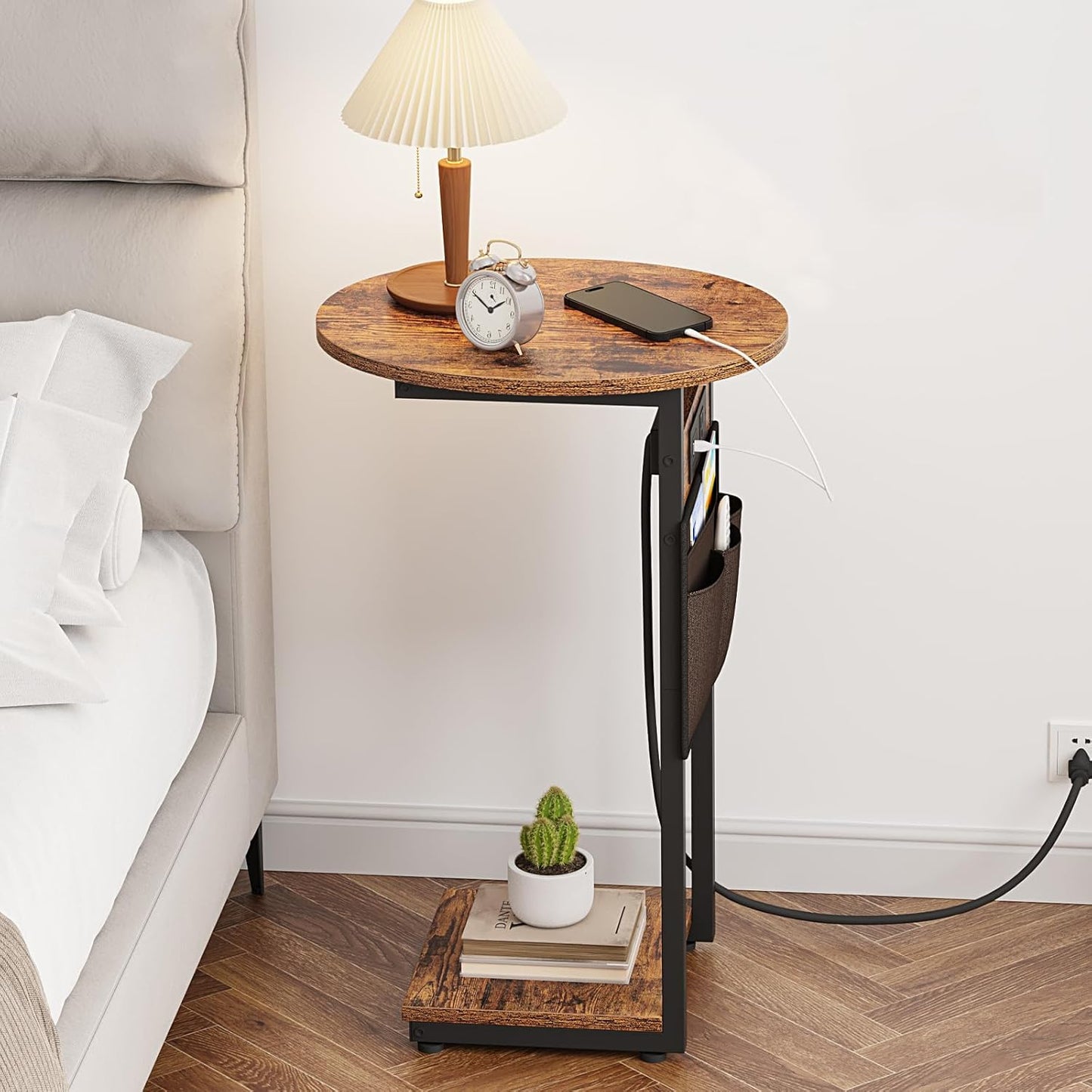 Vagusicc C Shaped End Table with Charging Station, Small Side Table for Couch, TV Tray Table Slide Under Sofa Table for Living Room Bedroom, Round Couch Side Table C Table for Sofa, Rustic Brown