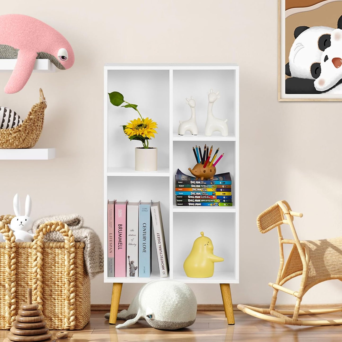 YAHARBO Small White Bookshelf,3 Tier Modern Kids Bookcase with Legs,5 Cube Wooden Bookshelves Storage Shelf,Book Shelves Organizer,Display Bookcases Cabinet for Room Nursery Study