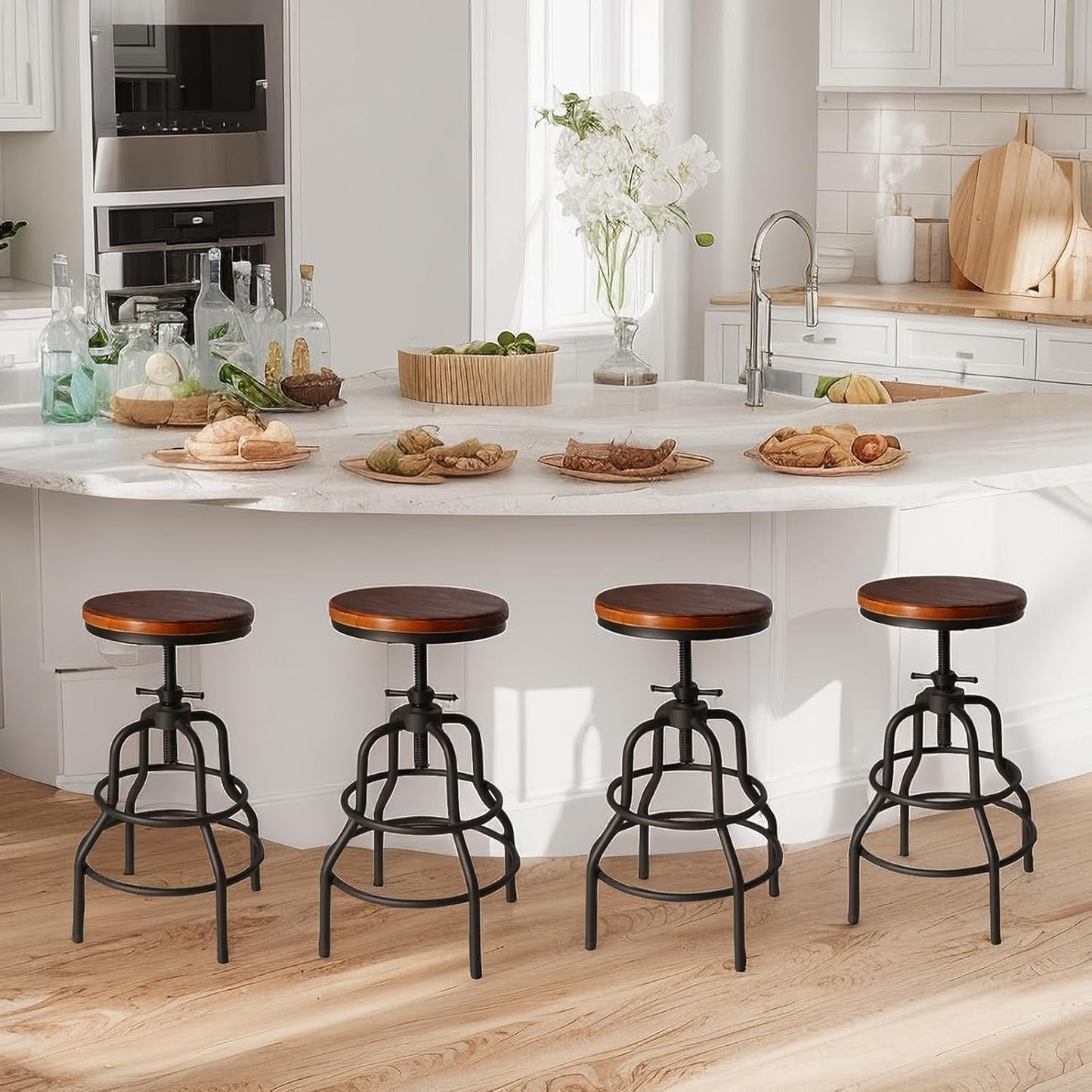 LOKKHAN Vintage Industrial Barstools - 13.8" Dia Round Wooden Brown Seat - Black Metal Base - Adjustable Height: 23.6"-29.5" / Minimalist Design/Raw Rustic Look/Rotating Top Bar Chairs, Set of 4