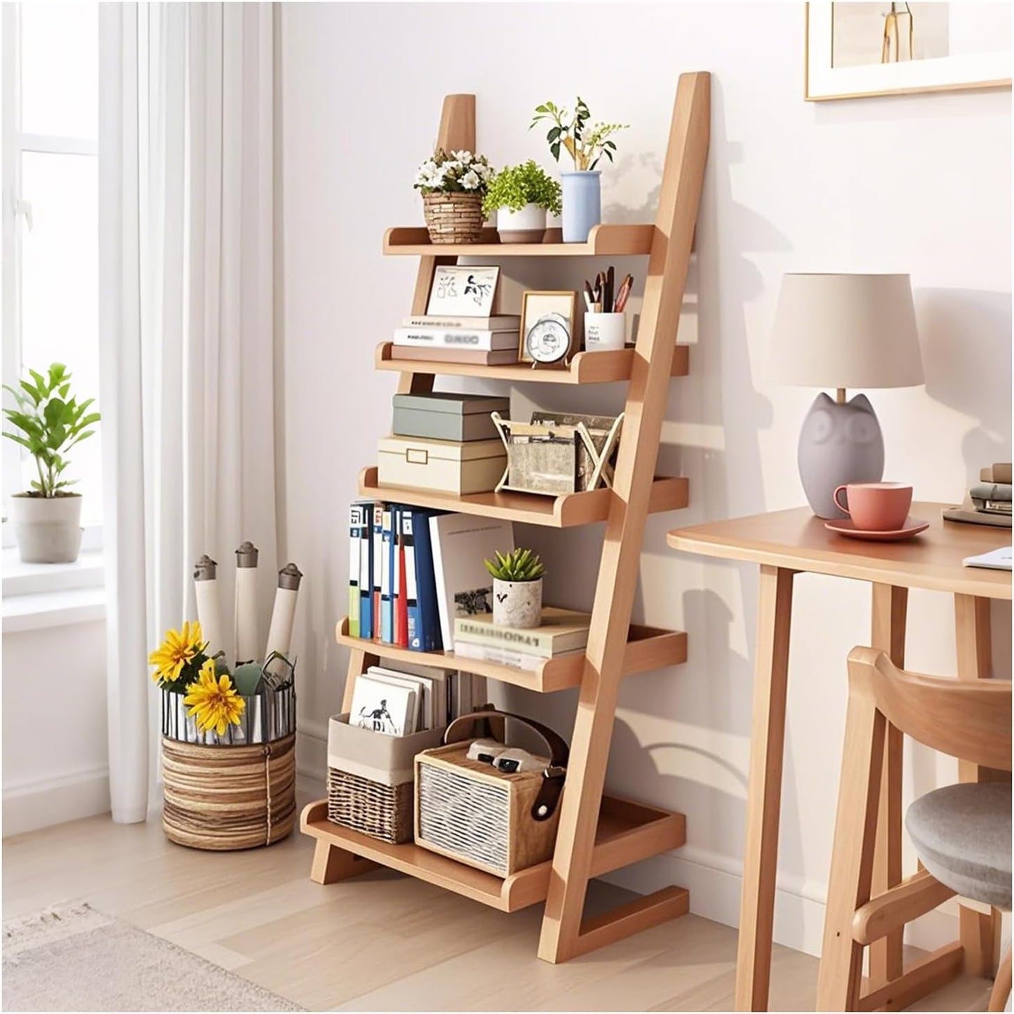 5-Tier Ladder Bookshelf, H 55" Leaning Bookshelf Storage Rack Organizer, Wooden Ladder Shelf Bookcase for Living Room, Home Office and Bedroom, Wood Color