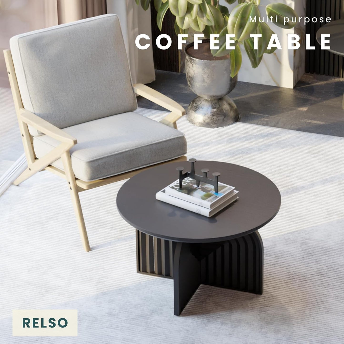 Charon Coffee Table – Solid Mango Wood Round Accent Table, Handcrafted Black Finish – Modern Coffee Table for Living Room, Patio, Bedroom, or Apartment – Compact, Durable, Easy Assembly Design