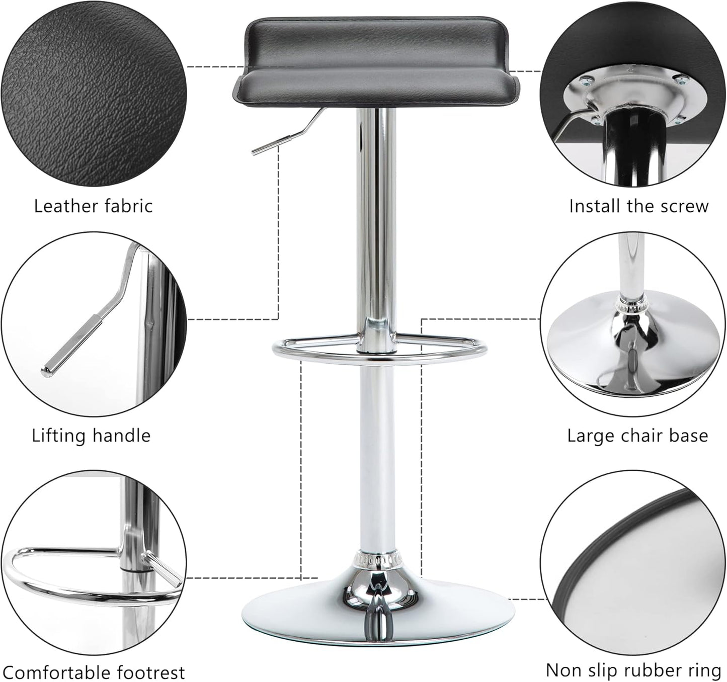 NOBPEINT Contemporary Chrome Air Lift Adjustable Swivel Bar Stool, Set of 2, Black