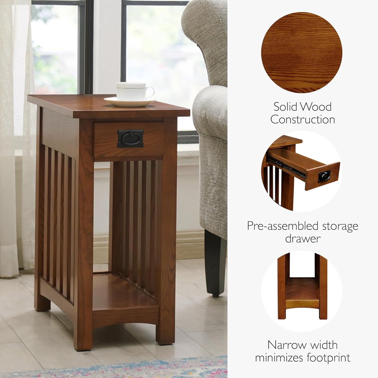 Leick Home Mission Impeccable Coffee Table, Solid Wood with 2 Drawers & Shelf, Medium Oak Finish, Blackened Hardware, Slatted Sides, Easy Assembly, 48 in W x 24 in D x 19 in H, 8204