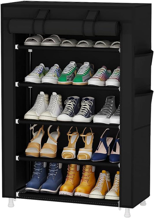 Calmootey 5 Tier Shoe Rack Organizer,Portable Shoe Shelf with Nonwoven Fabric Cover for Closet Hallway,Bedroom,Entryway,Black