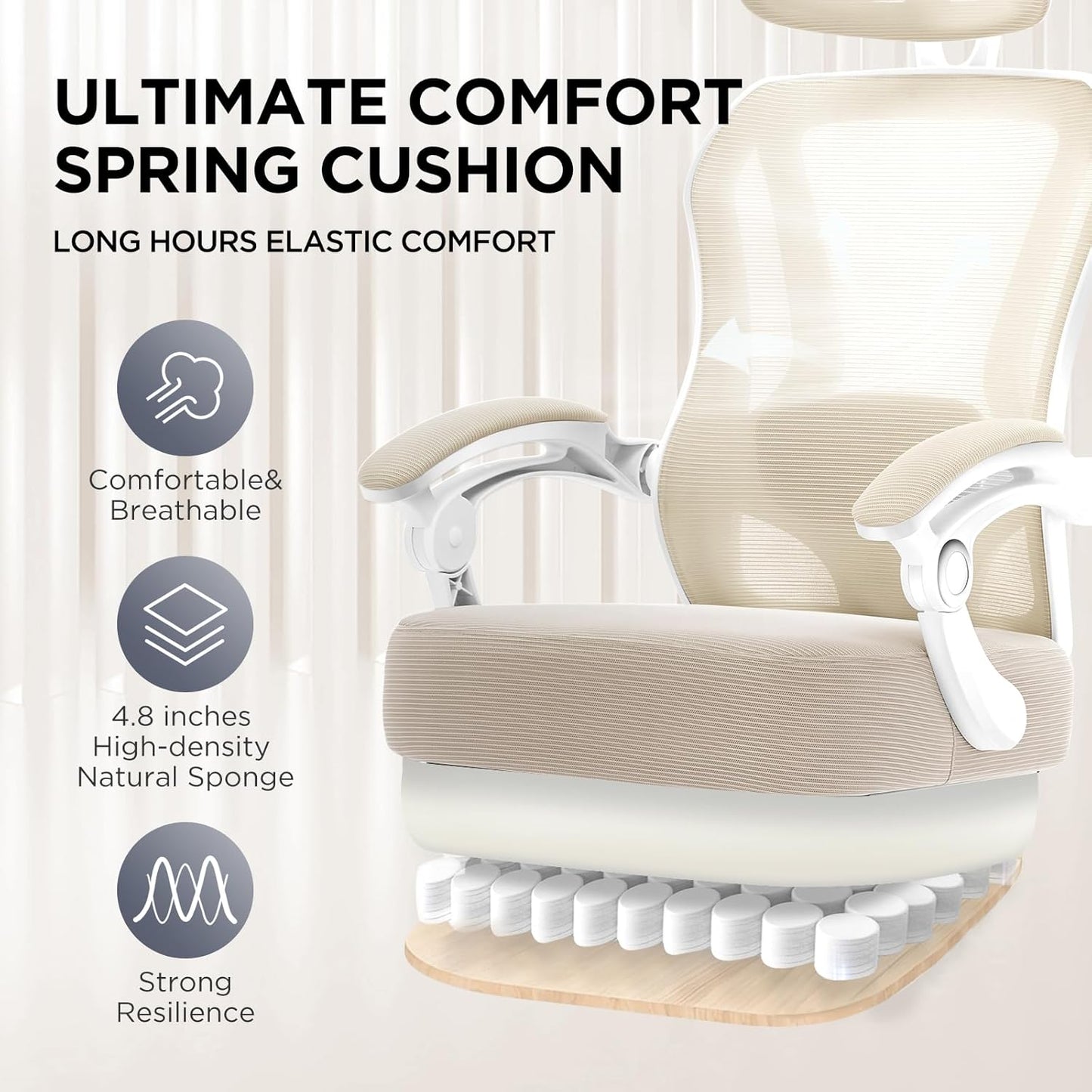 Ergonomic Office Chair with Footrest,Ultra Thick Reclining Desk Chair with Adjustable 2D Lumbar Support and Headrest,Spring Cushion,High Back Premium Mesh Computer Chair,Cream