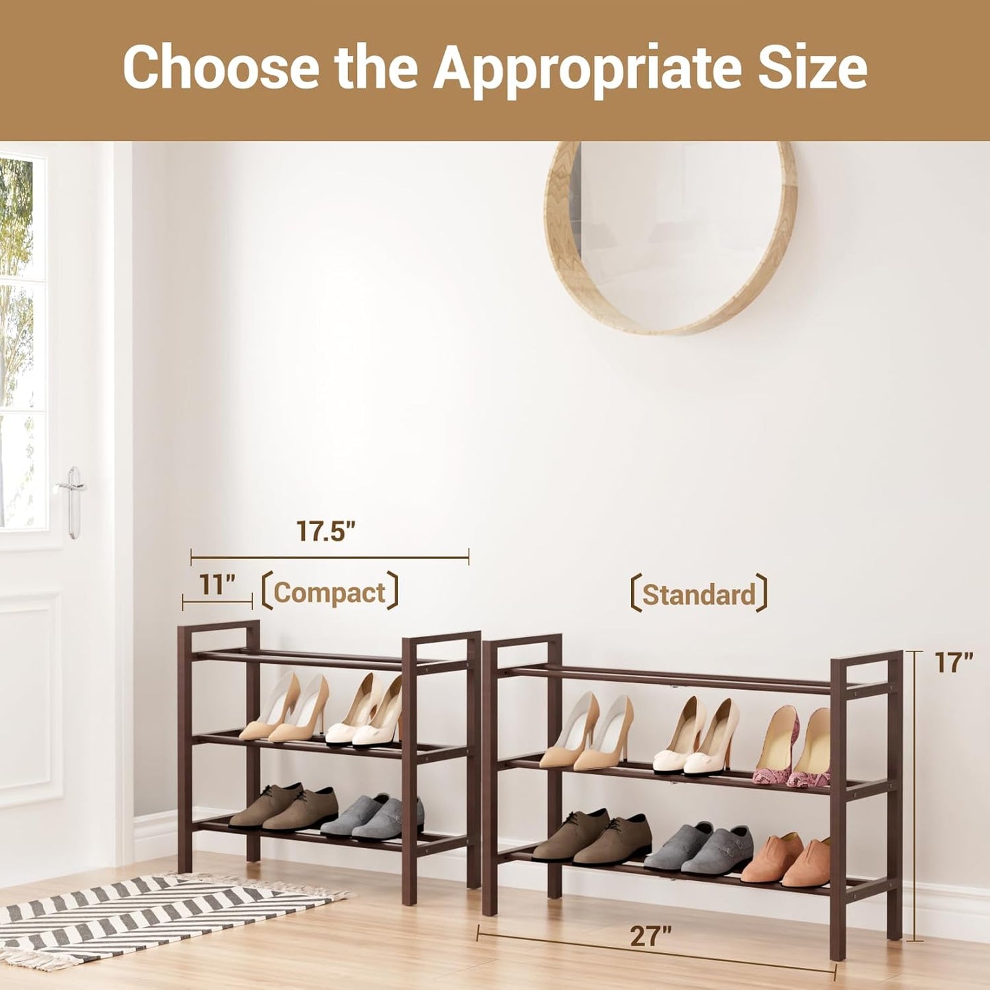 Haddockway Bamboo Shoe Rack for Closet, Free Standing Shoe Organizer with Smooth Round Rods & Convenient Handles, Stackable Shoe Storage Shelf for Entryway, Hallway(Brown, 3-Tier)