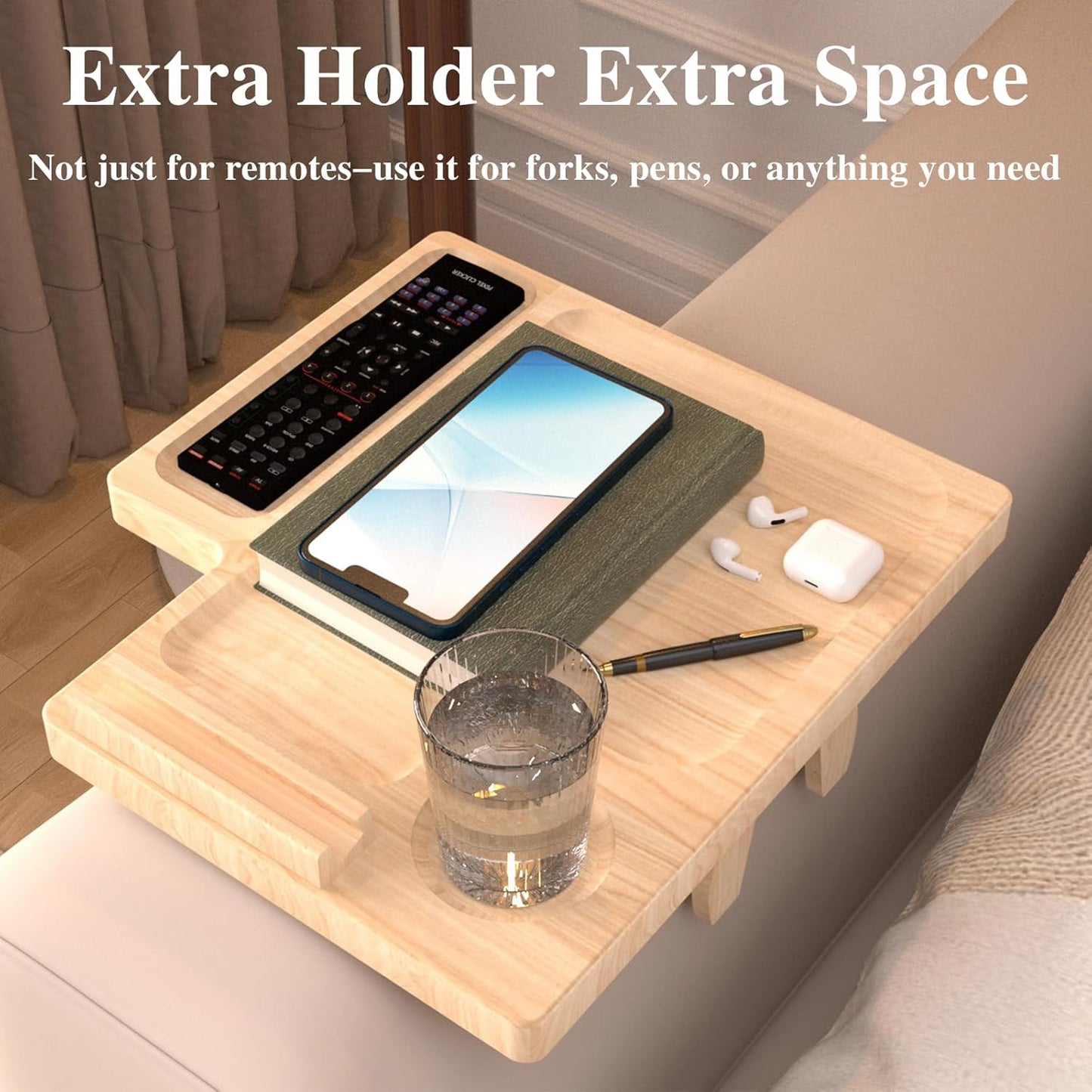 Bamboo Couch Arm Table with Remote Control Tray & Rotating Phone Holder,Non-Slip Clip Fits Sctional Sofa and Pillow,Foldable Armrest Tray Table for Couch,Durable Sofa Arm Table for Drinks and Dining