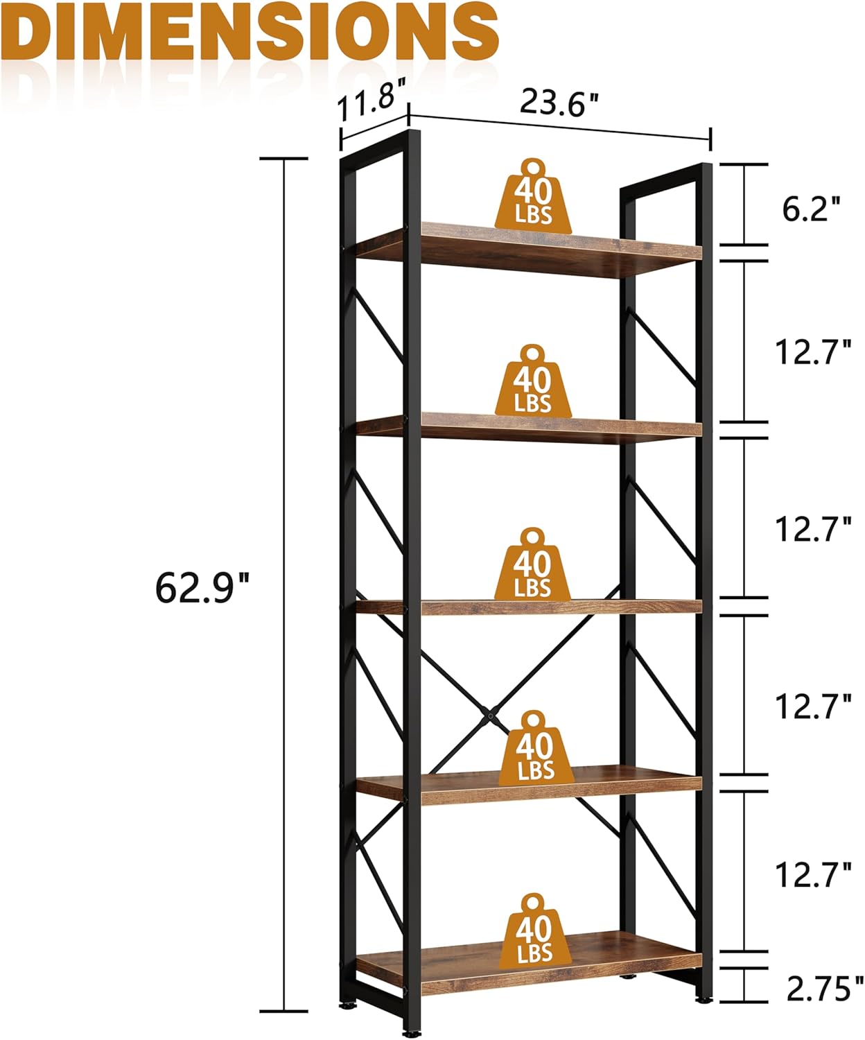 Bookshelf, 5 Tier Bookshelves, Home Office Bookcase Shelf Storage Organizer, Free Standing Storage Shelving Unit for Bedroom, Living Room and Home Office,Rustic Brown