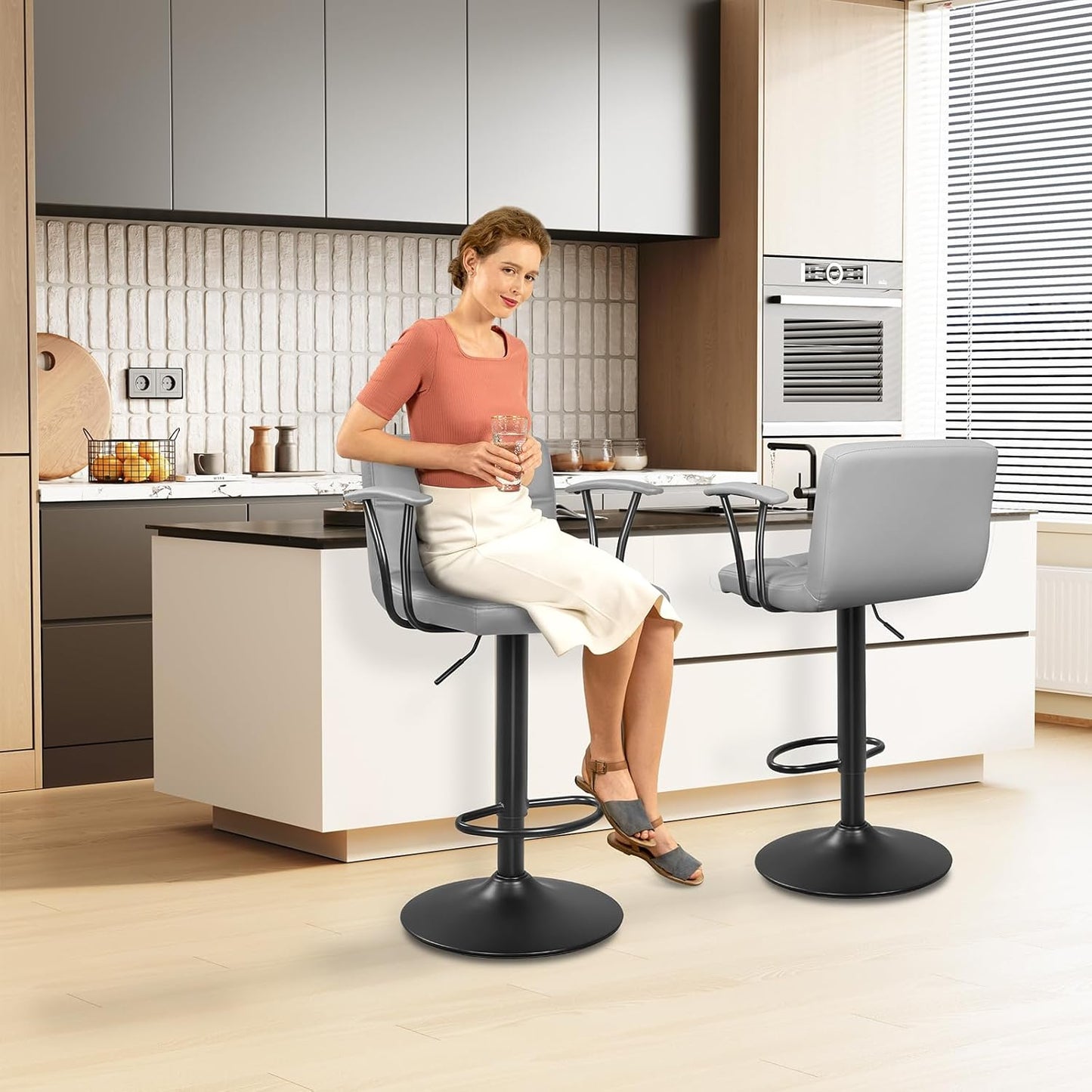 Bar Stools Set of 2, Armrest Adjustable Swivel Barstools with Back, Double Needle PU Leather Counter Height Chairs for Kitchen lsland (Light Grey)