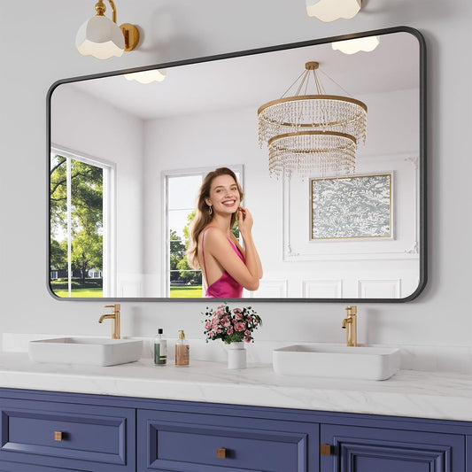 Koonmi Bathroom Mirror, 36X60 Inch Black Metal Framed Mirror for Bathroom, Tempered Glass, Anti-Rust, Rounded Rectangle Mirror for Restroom, Bedroom, Black