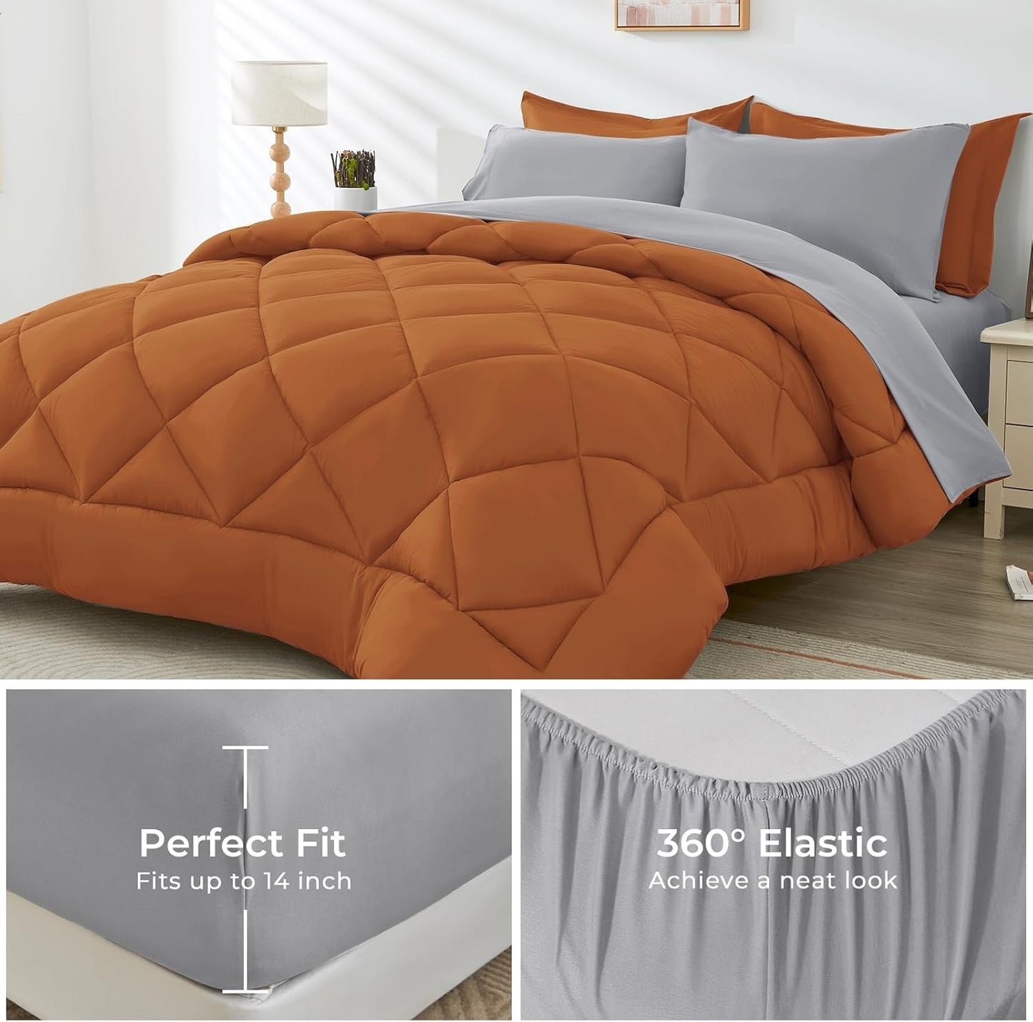 HEVUMYI Full Comforter Set - 7-Piece All Season Bed in a Bag Full, Ultra Soft Bedding Set with Comforter, Flat Sheet, Fitted Sheet, Pillowcases, Pillow Shams, Orange & Light Grey