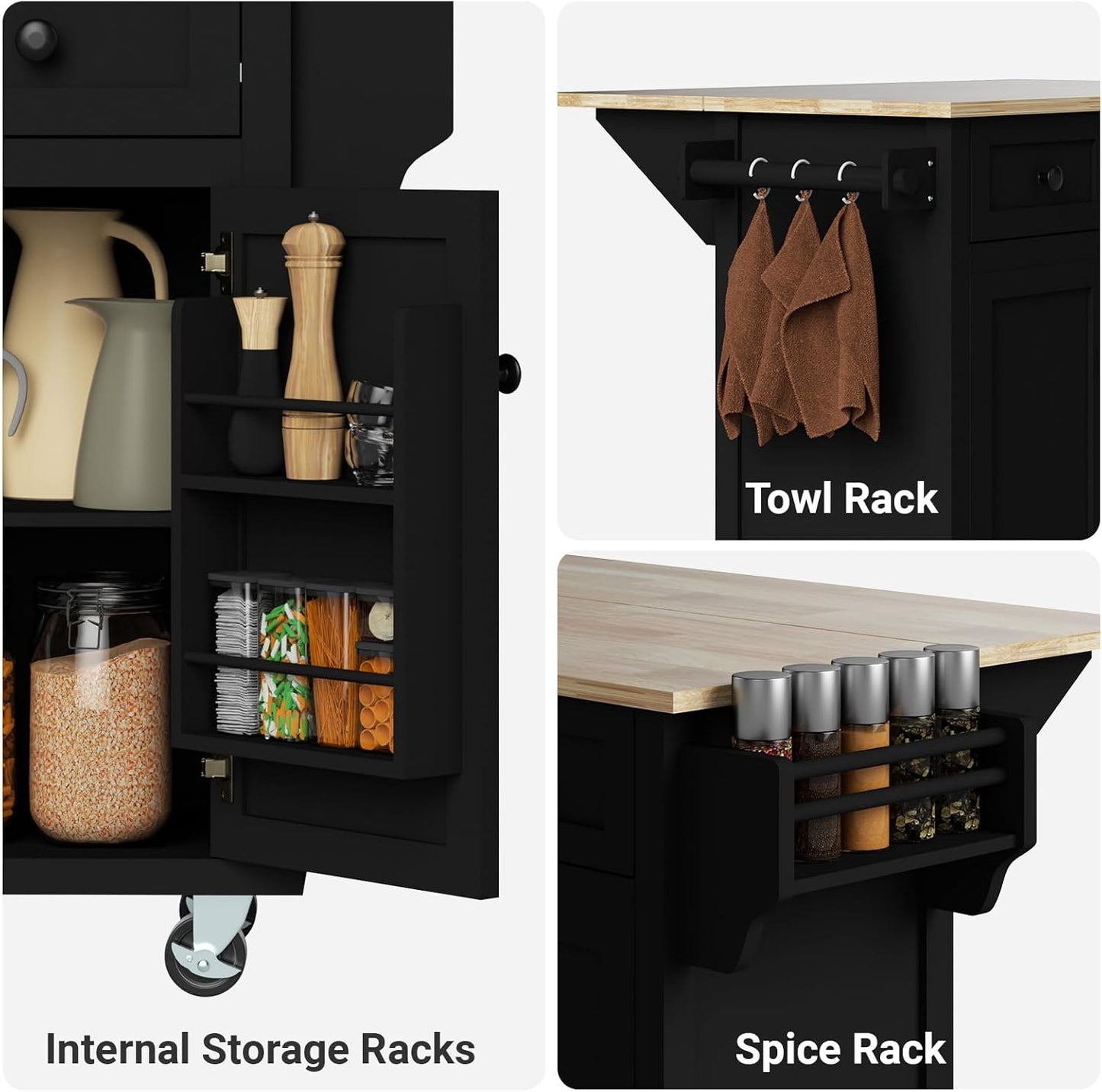 Rovibek Kitchen Island with Drawers 53 in Rolling Island Cart Mobile Solid Wood Portable Islands on Wheels with Storage Cabinet & Drawers, Black