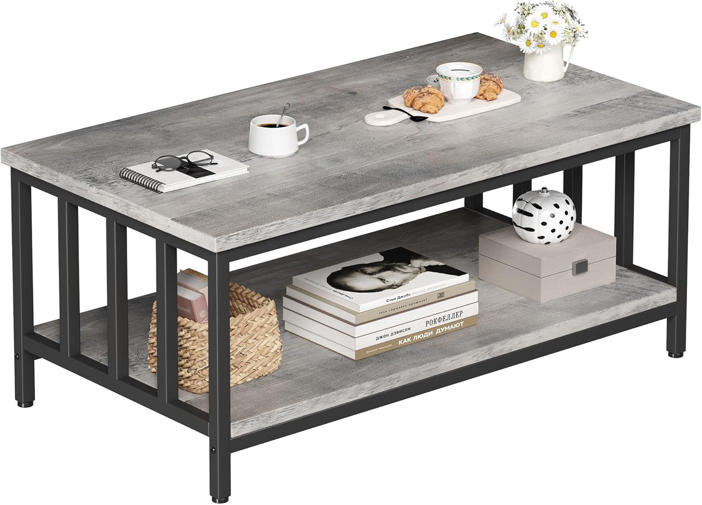 Homeiju Coffee Table for Living Room with Slatted Sides Frame, Modern Farmhouse Living Room Table with 2-Tier Storage Shelf for Home Office, Apartment, 39 inch Grey Wash