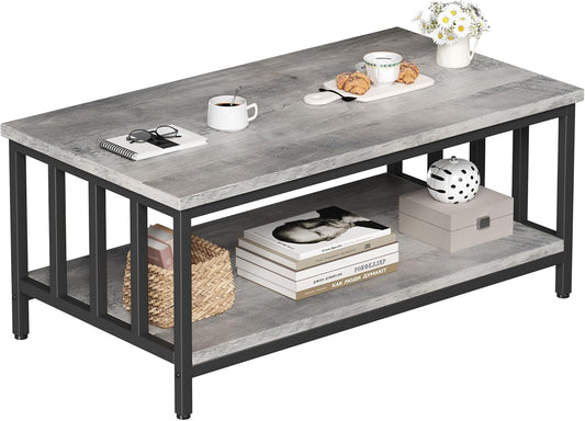 Homeiju Coffee Table for Living Room with Slatted Sides Frame, Modern Farmhouse Living Room Table with 2-Tier Storage Shelf for Home Office, Apartment, 39 inch Grey Wash