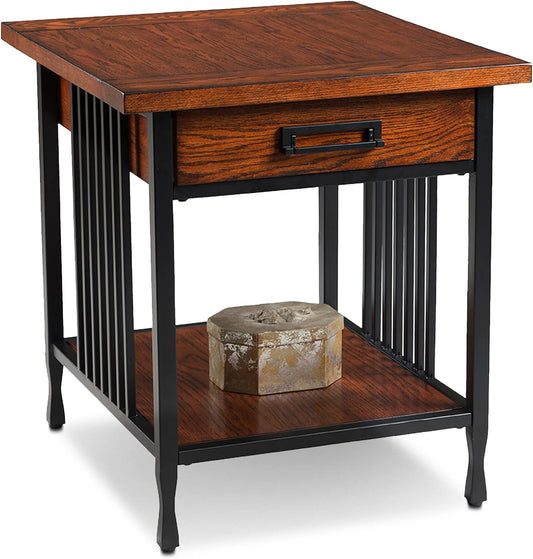 Leick Home Ironcraft Coffee Table, Solid Wood, 2 Drawers, 1 Display Shelf, Mission Oak, Black Steel, Easy Assembly, 46 in L x 22 in W x 20 in H, 11262