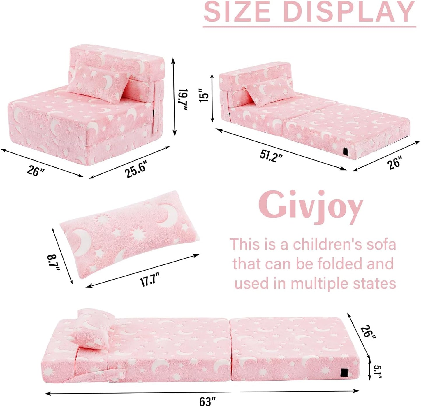 Folding Sofa Bed Floor Mattress for Kids with Pillow, Toddler Glow Washable Folding Floor Nap Mat for Sleeping, Child Fold Up Sofa Futon Chair Bed with Storage Bag for Girls Boys