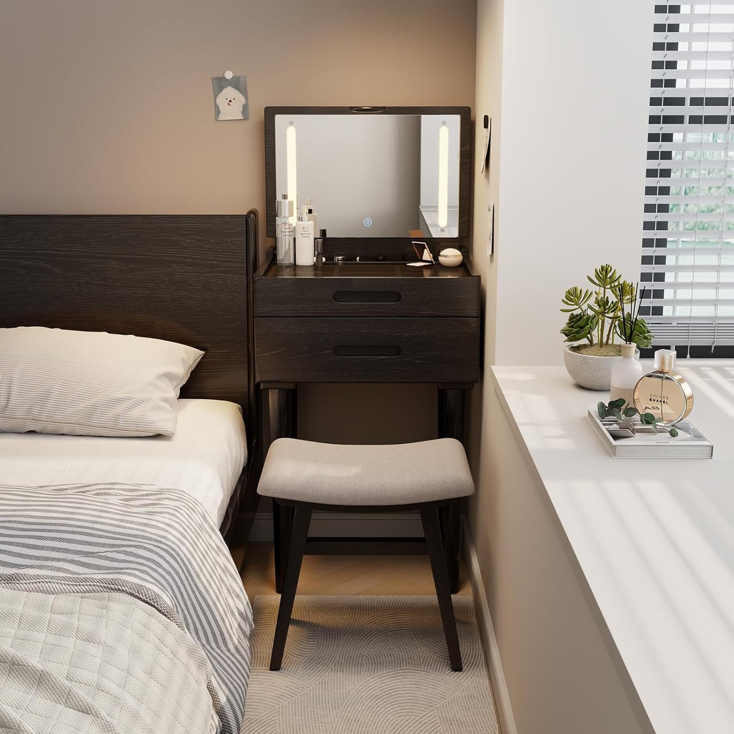 Solid Wood Small Vanity Stool, Compact Makeup Chair with Saddle Cushion, Linen-Covered High Rebound Sponge Seat, Easy Assembly Footstool for Bedroom, Entryway, Home, Black