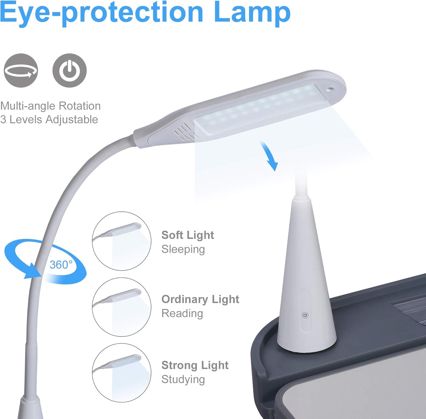 Kids' Desk and Chair Set, Height Adjustable Child's School Study Writing Tables with Tilt Desktop, LED Light, Storage Drawer, Book Stand(Grey)