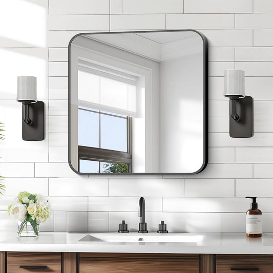 KOCUUY Square Bathroom Mirror, 24"x24" Black Rectangle Vanity Mirror, Black Metal Frame Mirror with Rounded Corner for Bathroom, Bedroom, Living Room, Entryway