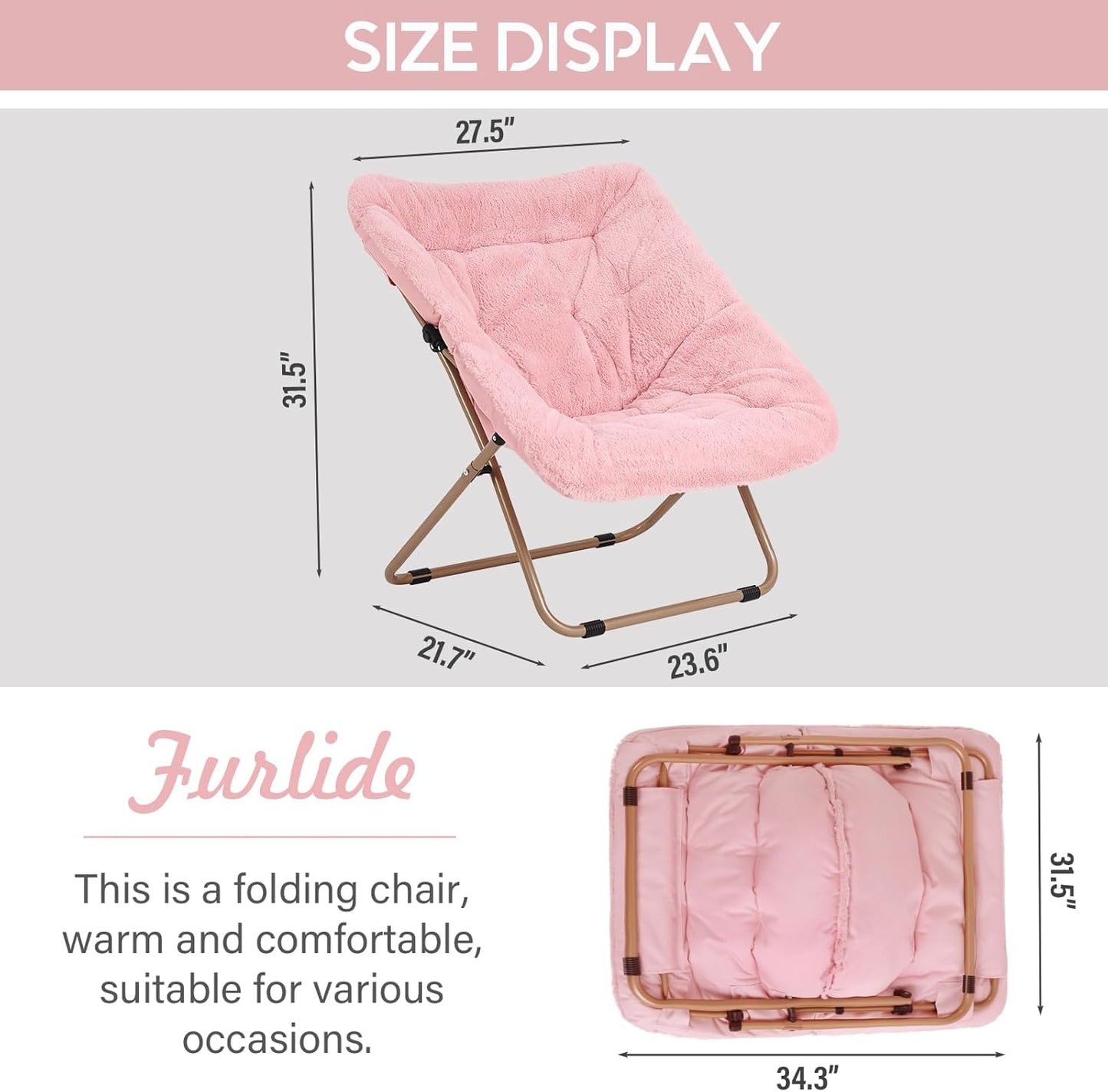 Modern Pink Faux Fur Foldable Metal Frame Recliner Chair for Bedroom, Living Room, Balcony