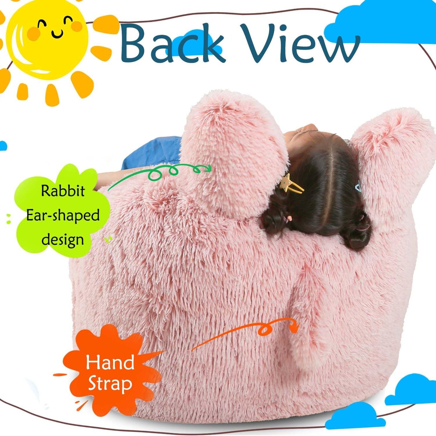 Bean Bag Chair for Kids with Plush Faux Fur Cover, 2.5FT Memory Foam Filled Bean Bag for Teens & Kids, Lazy Sofa for Living Room/Bedroom/Dorm, Rabbit-Ears Design