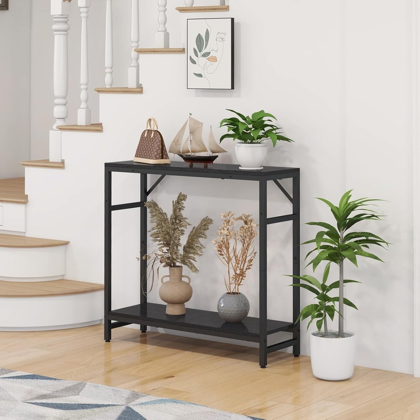 Narrow Console Table for Entryway - 2 Tier, 29.5” Entryway Table with Shelf, Industrial Thin Sofa Table with 2 Support Bar, Display Tables for Living Room, Bedroom, Foyer, Black
