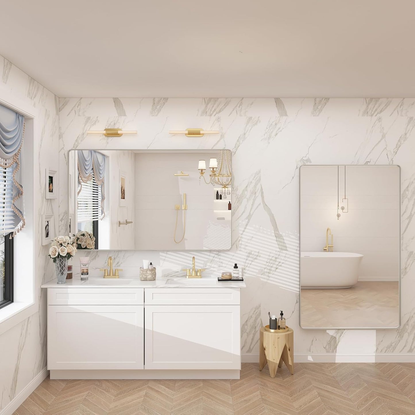 48x30 Silver Brushed Bathroom Mirror for Wall, Brushed Silver Metal Framed Bathroom Vanity Mirror, Rounded Rectangle Mirror, Shatterproof, Anti-Rust (Horizontal/Vertical)