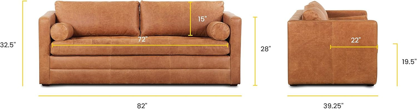 POLY & BARK Napa 82" Pull-Out Convertible Sleeper Sofa in Full-Grain Pure-Aniline Italian Leather, Cognac Tan