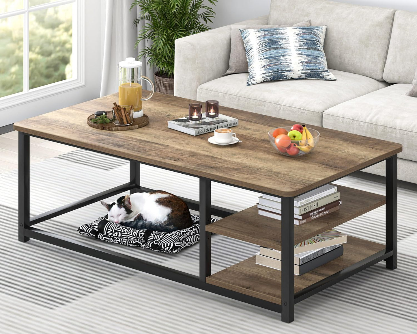 EXCEFUR Coffee Table with Storage Shelf, Modern Wood and Metal Center Table for Living Room, Rustic Oak, 47 Inch