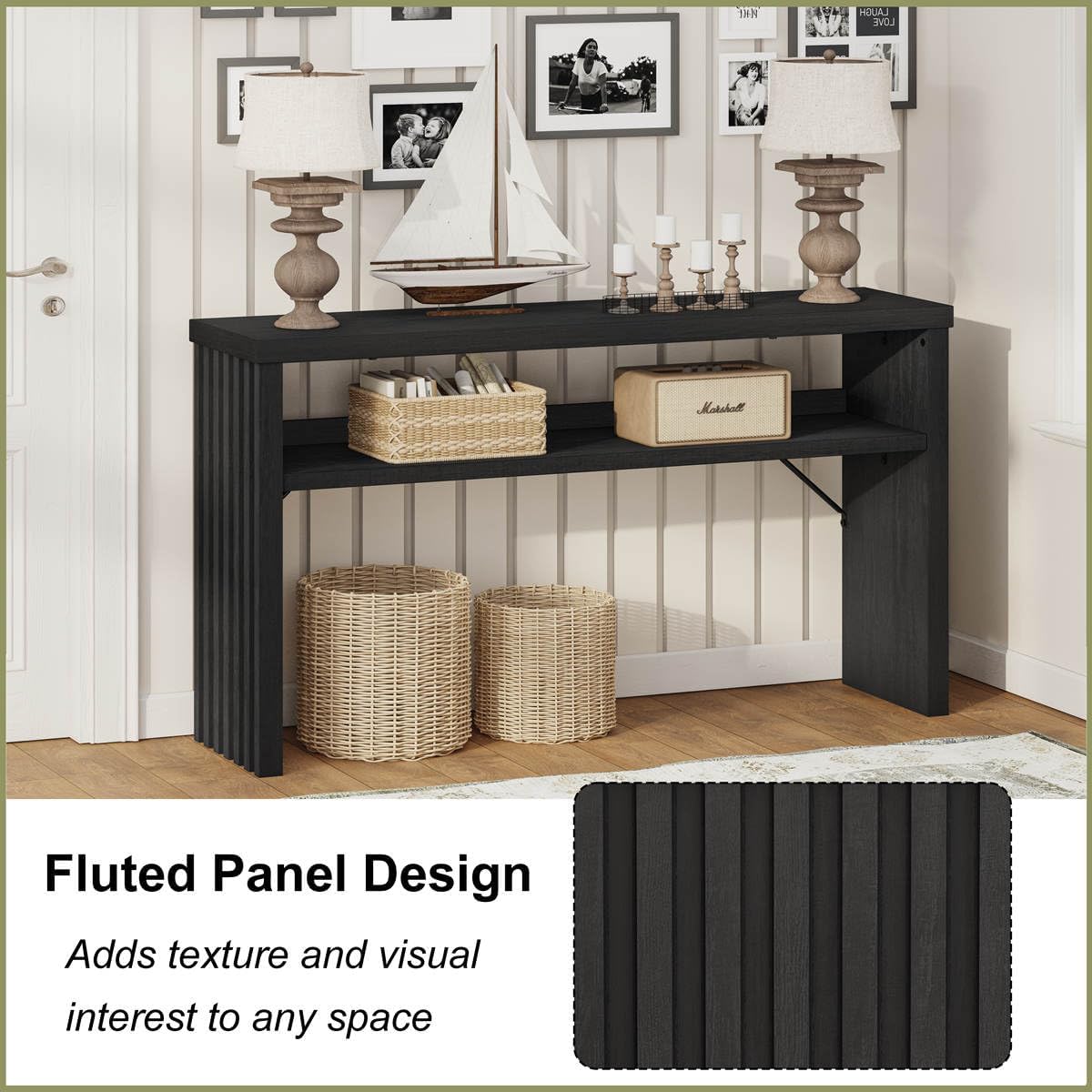 BON AUGURE Console Table with Storage, Black Entryway Table, Wooden Couch Tables Behind Sofa for Living Room, 2 Tier Front Door Entrance Tables (Black Oak, 47 Inches)