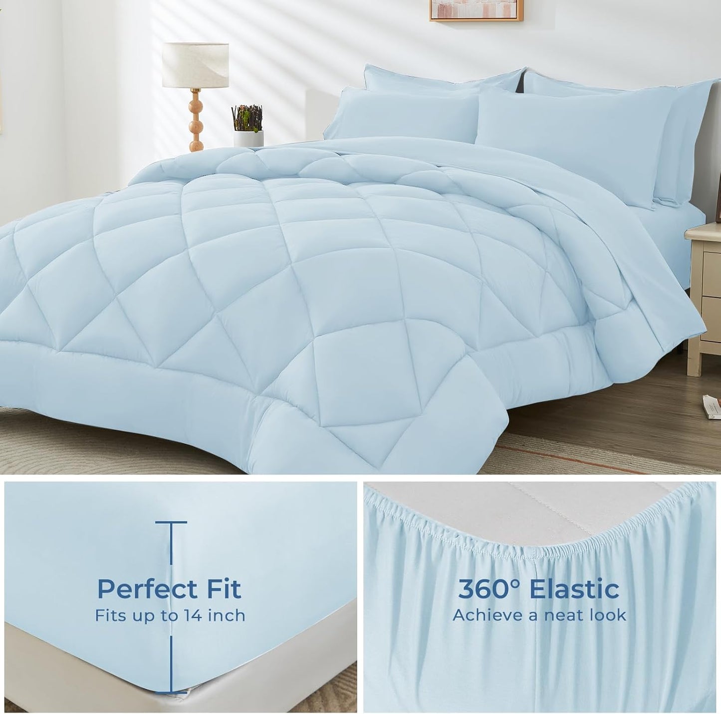 HEVUMYI Full Comforter Set - 7-Piece All Season Bed in a Bag Full, Ultra Soft Bedding Set with Comforter, Flat Sheet, Fitted Sheet, Pillowcases, Pillow Shams, Greyish Blue