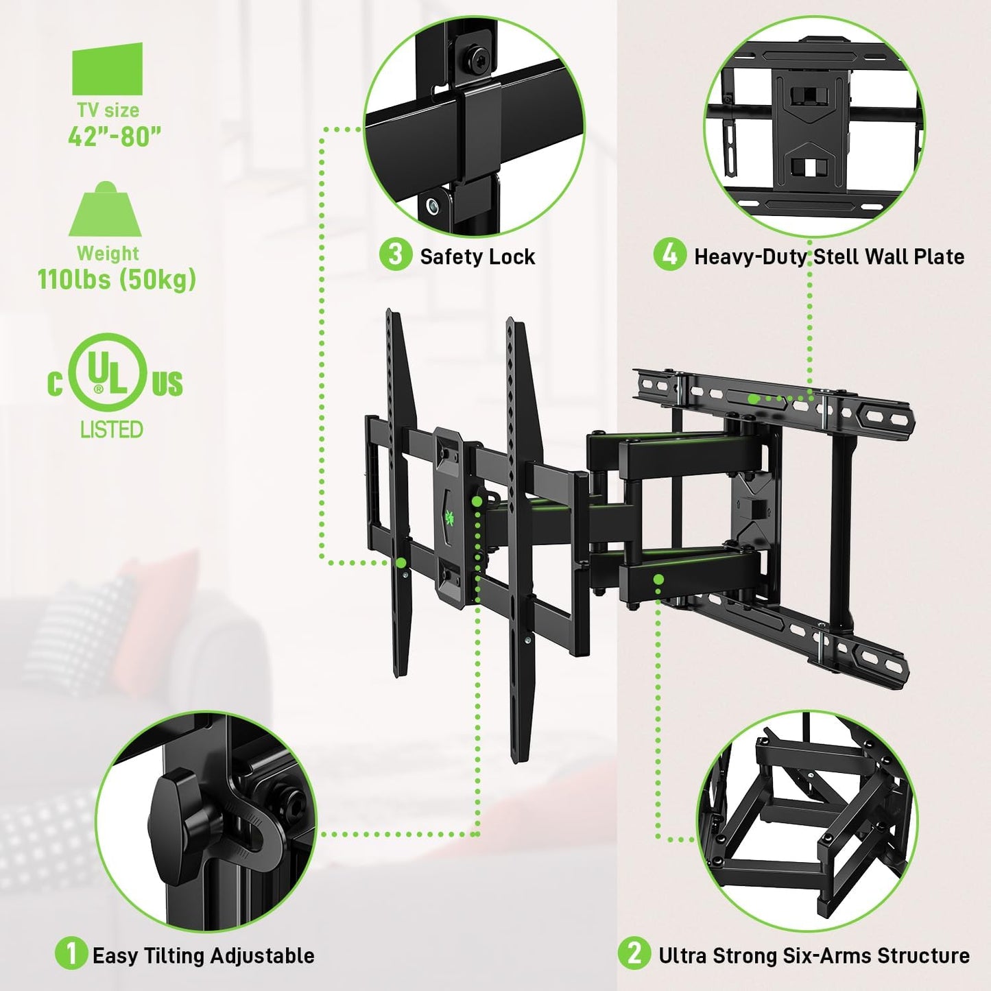 USX MOUNT UL Listed TV Wall Mount for 42"-85" TVS, Fits 16" 18" or 24" Studs, Full Motion Wall Mount Swivel Tilt Extension TV Bracket with Dual Articulating Arms, Max VESA 600x400mm, Load 110lbs