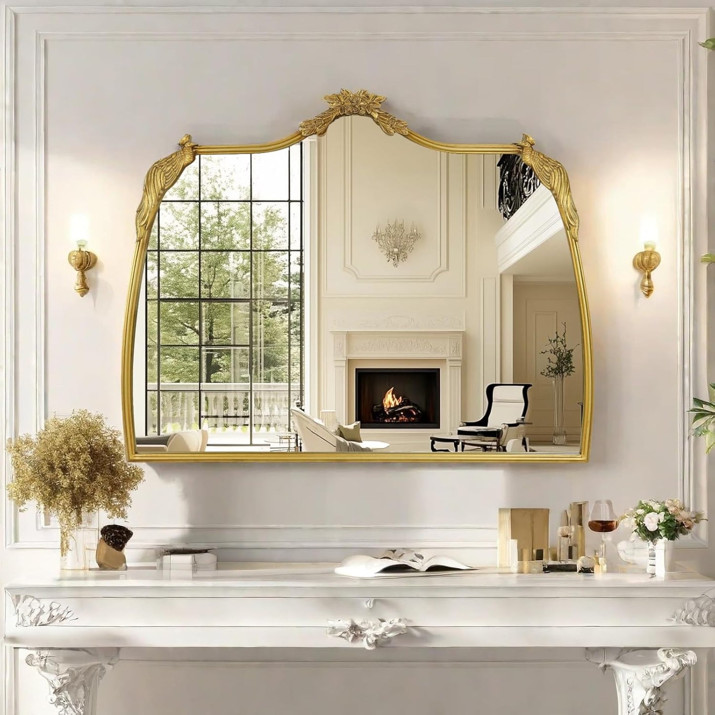 Baroque Mirror with Gold Vintage Decoration, Antique Brass Wall Mounted Mirror for Fireplace/Living Room/Hallway/Bathroom, Retro Palace Style for Decoration