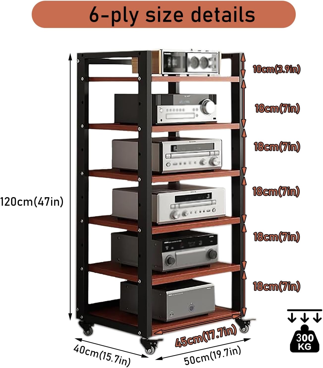 6 Tier Audio Rack Tower, CD Record Player Stereo Receiver AV Equipment Cabinet Display Rack, Weight capacity 661 lbs, with Adjustable Wooden Shelves for Home (TEAKWOOD, 6 TIER 47×19.7×15.7IN)