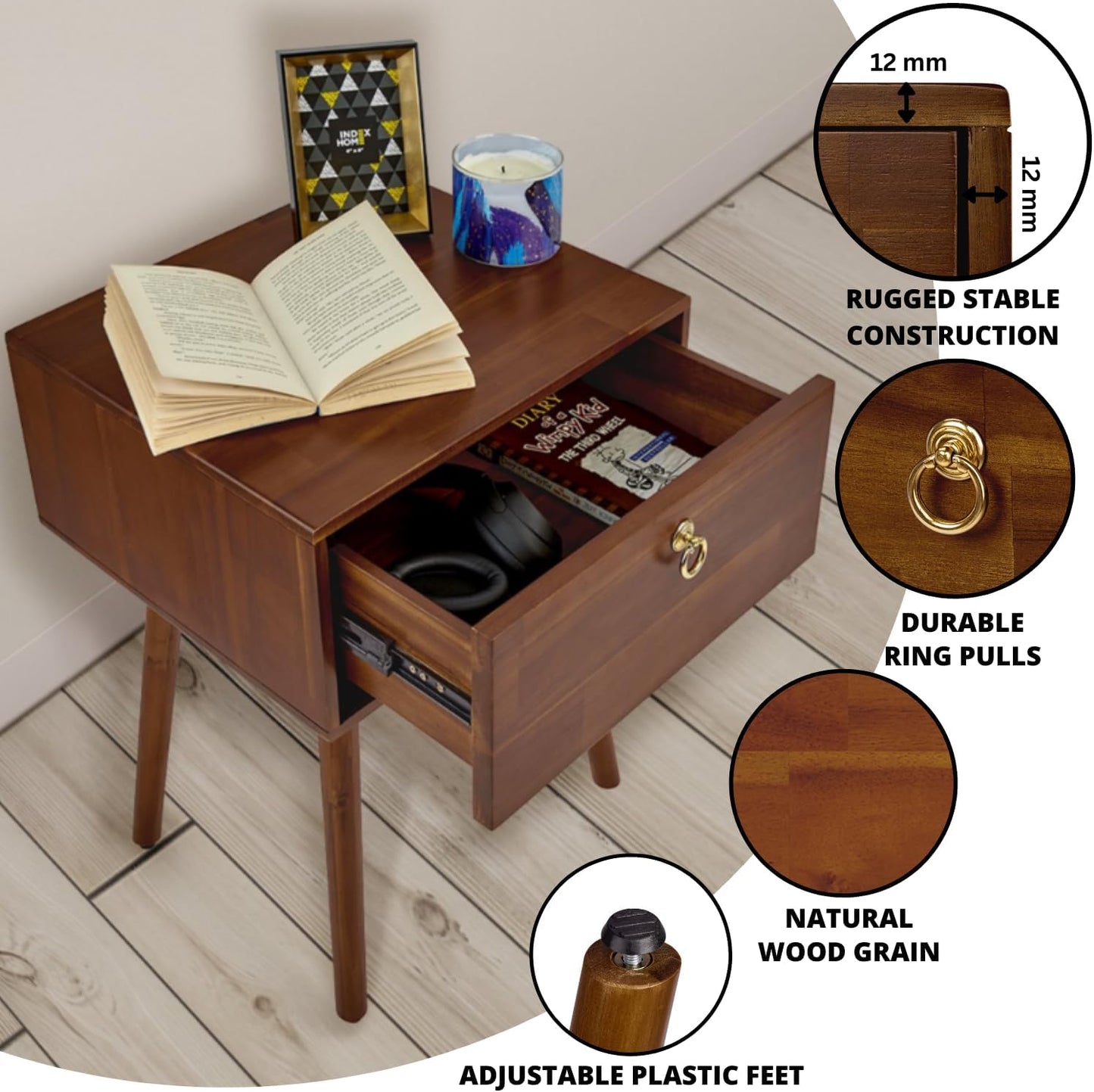 Bme Alden Solid Wood Nightstand/Side Table/End Table, Fully Assembled, with 1-Drawer for Mid Century Bedroom and Living Room, (12mm), Dark Chocolate